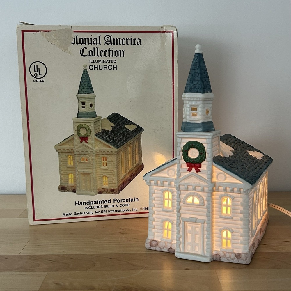 Vtg EPI Intl Christmas Village Church Porcelain Lights Colonial America 1989 Box